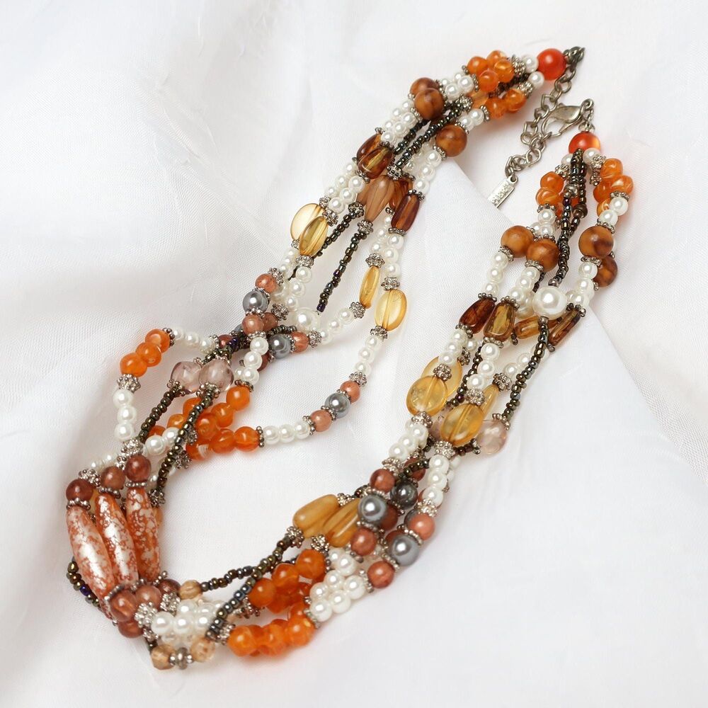 Vintage Napier Signed Orange Beaded Multi Strand Necklace Eclectic Statement